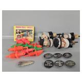 Porcelain Head Bottle Decanters, Pins, Plastic