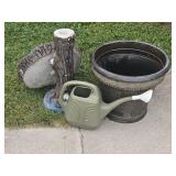 Concrete Bird Bath, Plastic Pot, Watering Can