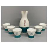 Vintage- Japanese Saki Set- teal & white with gold