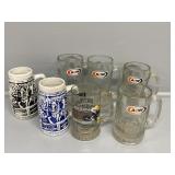 Vintage steins with horses, A&W mugs & U of M mug