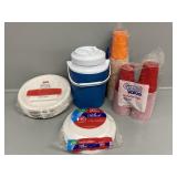 Rubbermaid drinking cooler, red and orange