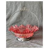 Fenton Cranberry Ruffle Bowl w/ Wire handle