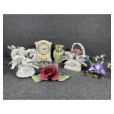 Majolica Cherub vase. Winter Rose Avon clock.