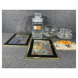 Apothecary jar, Resin plaque, framed pictures