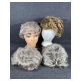 3 gray wigs. 1 lt brown wig. 2 wig heads