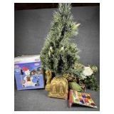 Fiber optic table top tree. Rustic Santa doll.