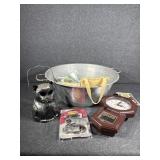 Aluminum pot or basin. Small wall clock