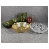 2-Green glass relish or celery trays. Fruit bowl