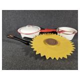 Red and white Enamelware Pots, Frying Pan,