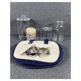 2pk cosmetic bags, Glass jar with lid. Glass vase
