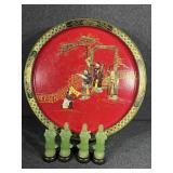 Orential tin with 4 faux jade figurines