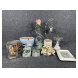 Glass figurines, candle holer and candles