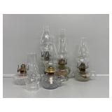 5 Heavy Clear Glass Oil Lamp Bases & Chimneys