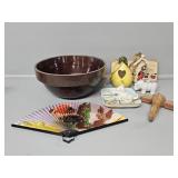 Brown Ceramic Bowl, Hand Fan, Knick Knacks
