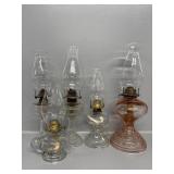 Pink Glass OIl Lamp & Clear Glass Lamps, Chimneys