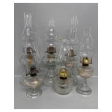 6 Clear Glass OIl Lamp Bases & Chimneys