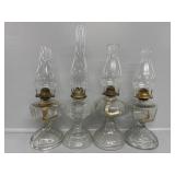 4 Large Glass Oil Lamp Bases & Chimneys
