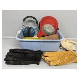 Leather Gloves& Ear Muffs in a Blue Dishpan