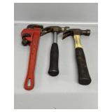 Straight Pipe Wrench and 2 Claw Hammers