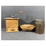 Coffee Grinder, Pottery Bowl & Tins