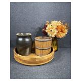 Wooden Bowl, Crock, Planter & Vase W/Flowers