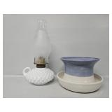 Blue and White Ceramic Planter, White Hobnail