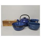 Tea Box with Tea, Enamel Coated Kettle, Blue Bowls