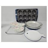 Muffin Pan, Blue Plastic Trays(2), Pie Pans(3),