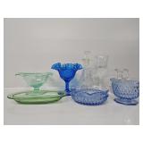 Green Depression Glass, Blue Ruffled Footed