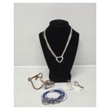 Silver Tone Heart Necklace, Blue Bracelet, White