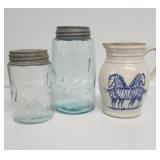 Pottery Pitcher,  Mason Jars With Lids (2)