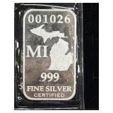 MI US State Bank Vault Brick Silver - Troy Ounce