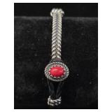 Braided Sterling Silver Bracelet with Red Coral