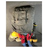 Tote Of Fireproof Boots, Bibs, and Helmet