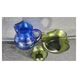 Blue Glass Pitcher, Chip & Dip Set  Avocado