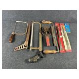 Various Hand Saws, Blades, Curry Comb