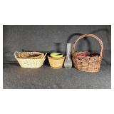 Assorted Wicker Baskets & Green Ceramic Planter