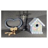 Decorative Birdhouse, Wooden Heart & Crucifix