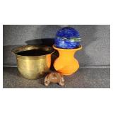 Brass Toned Planter, Orange Vase, Blue Swirled Orb