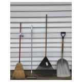 Scoop Shovel, Broom, Leaf Rake