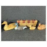 Folk Art Duck Figurines & Wooden Candle Holder