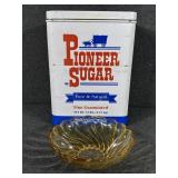 Pioneer Sugar Metal Tin and Seashell Amber Glass