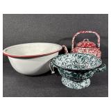 Enamel Tea Pot , Enamel Strainer and Bowl