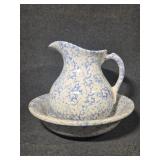 Blue Sponge-ware Water Pitcher with Basin