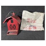 Red Metal Birdhouse, B and W Seed Bag