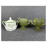 Green Glass Pieces Open Sugar and Creamer Bowl,