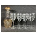 Glass Decanter, Wine Glasses (8)