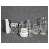 Milk Glass Canister, Bud Vase, Clear Vase W/Swirls
