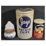 Blue & White Ceramic Wall Salt Box,Quaker Oats Tin