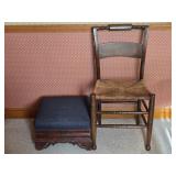 Wooden Chair with Upholstered Blue Ottoman